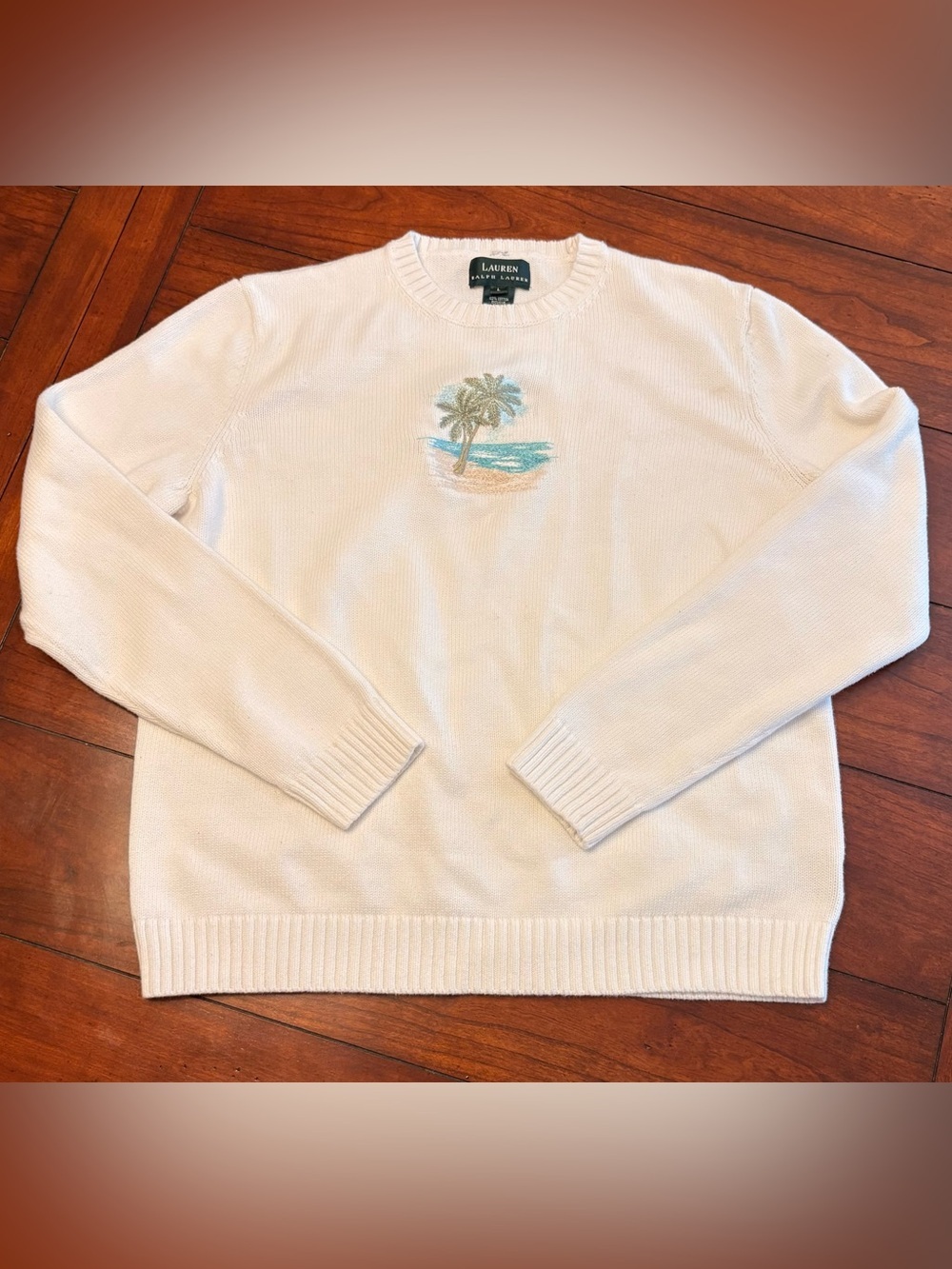Lauren Ralph Lauren Cream Crewneck Sweater with Palm Embroidery